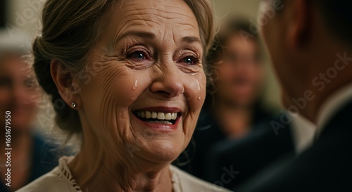Close-up of a joyful senior mother with happy tears in her eyes, smiling with pride at her son during a wedding ceremony. Emotional family moment.