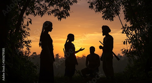 Silhouettes of a rural community group in discussion during a vibrant golden hour sunset, representing unity and tradition.