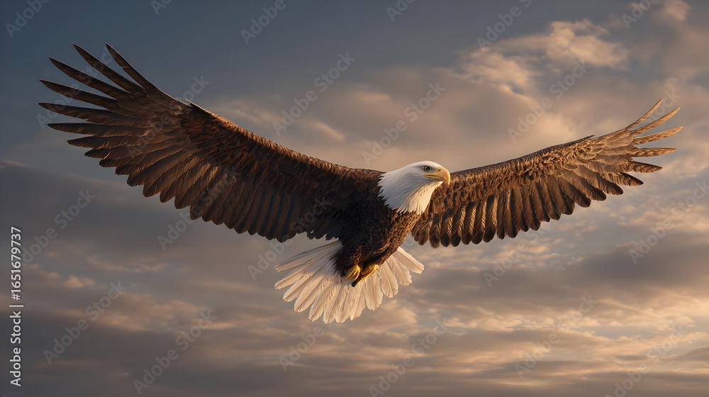 Obraz premium Majestic Bald Eagle in Flight at Sunset