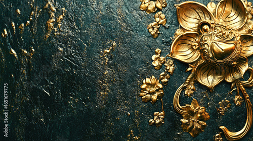 An elegant Ganpati invitation card with gold foil accents on a textured surface