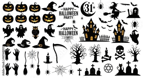 Halloween Silhouettes with Pumpkins, Ghosts, Witches