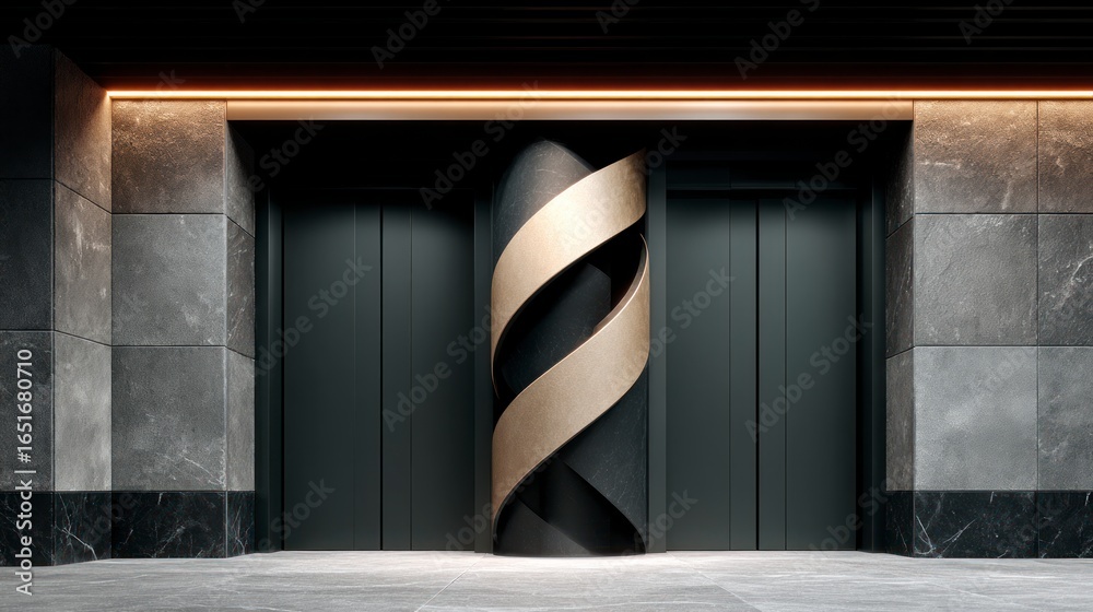Fototapeta premium Modern interior design featuring two dark grey elevator doors flanking a textured pillar with golden swirling accents