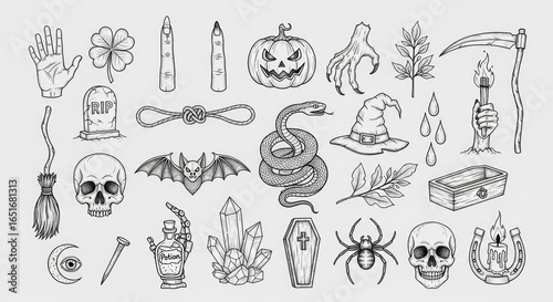 Halloween Sketch Collection with Pumpkin, Skull, Snake