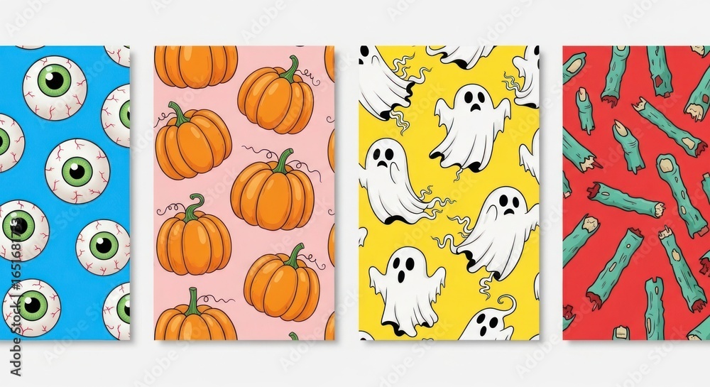 Fototapeta premium Halloween themed pattern with eyeballs, pumpkins, ghosts