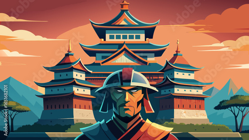 Samurai warrior standing before a japanese temple view