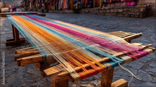 Colorful Threads on Loom in Artisan Market Square Setting