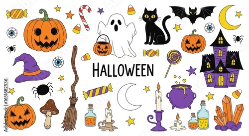 Halloween elements with pumpkins, ghost, cat