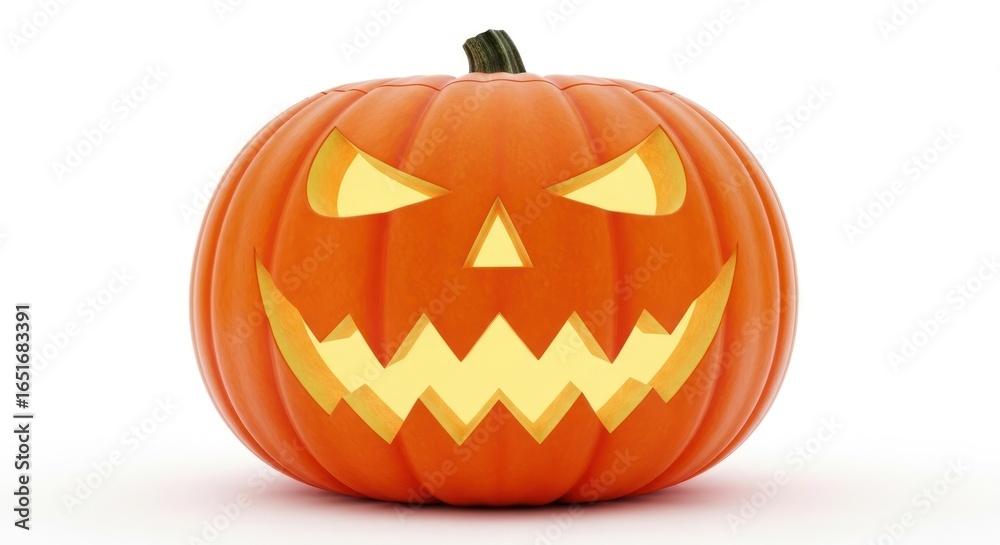 Fototapeta premium Glowing Jack-o'-lantern with Carved Face on a White Background, Halloween Decoration, Spooky Holiday Celebration