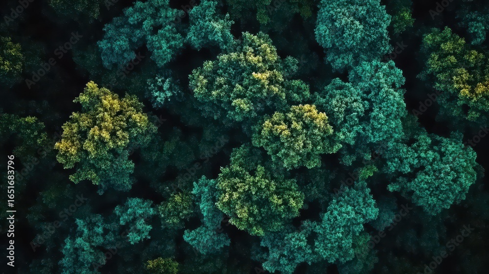 Fototapeta premium Aerial View of Dense Forest with Vibrant Green and Yellow Foliage
