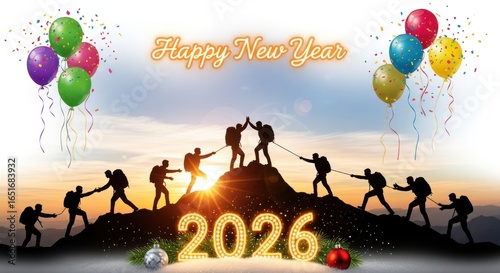 New Year 2026 Celebration with Teamwork and Mountain Climbing Success, Featuring Balloons, Confetti