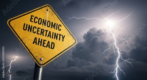 Economic Uncertainty Ahead Sign with Stormy Sky and Lightning, Representing Financial Crisis, Market Volatility