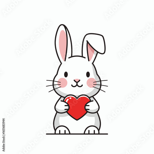 A cute cartoon white rabbit with pink ears rosy cheeks and an x nose holds a vibrant red heart