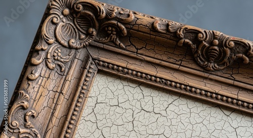 Ornate weathered picture frame with cracked gesso, vintage wood carving detail and distressed finish, ideal for antique art or restoration projects