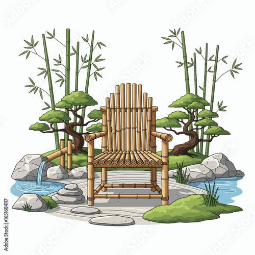 A bamboo chair sits in a Japanesestyle garden with bonsai trees bamboo stalks water feature rocks and stepping stones