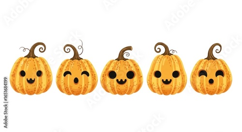 Cute Halloween Pumpkins with Smiling Faces, Cartoon Style Orange Vegetables for Autumn Holiday Decorations and Festive Seasonal Greetings on a White Background