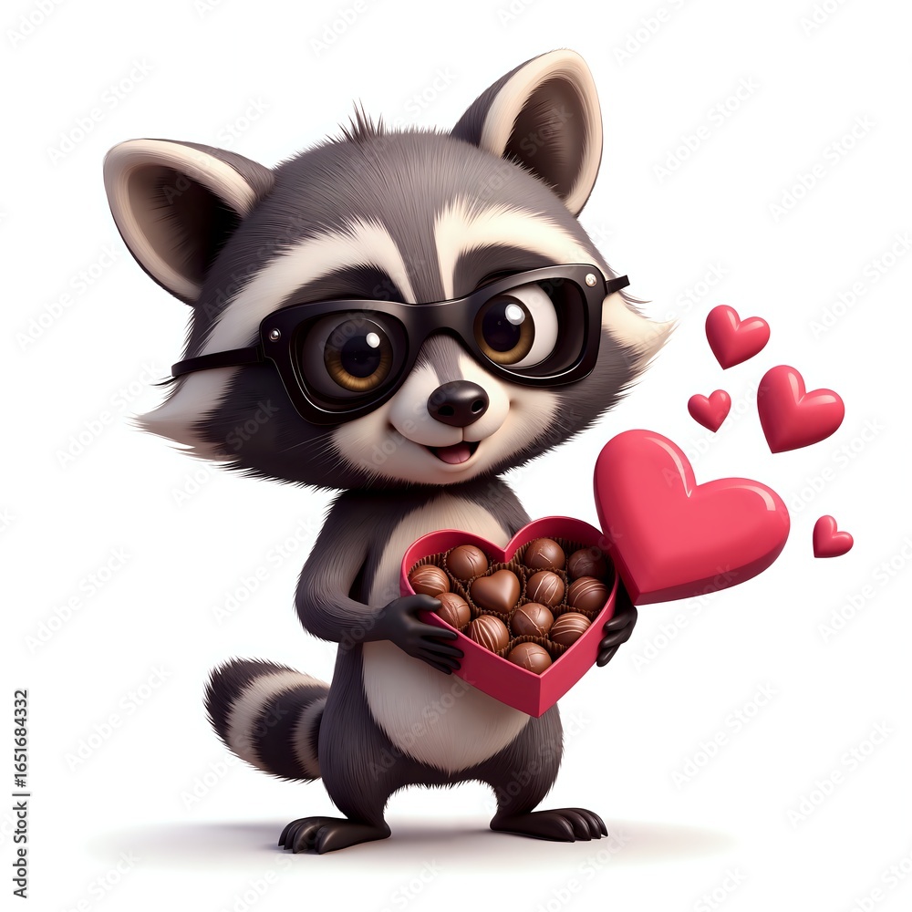 Fototapeta premium Adorable raccoon holding heart shaped box of chocolates
