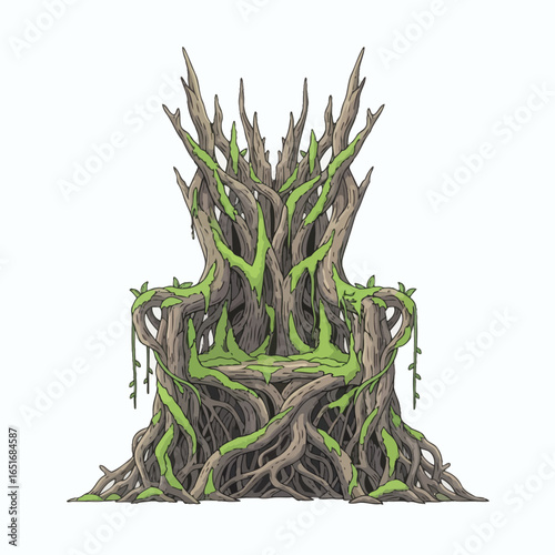 Organic throne made of gnarled tree roots and branches adorned with vivid green moss and vines