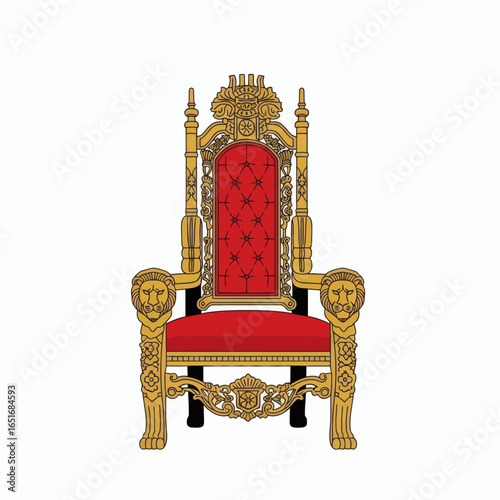 Ornate golden throne with red tufted backrest and seat featuring carved lion heads on armrests