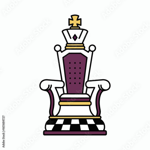 Stylized kings throne with purple padding gold accents and chessboard base on white