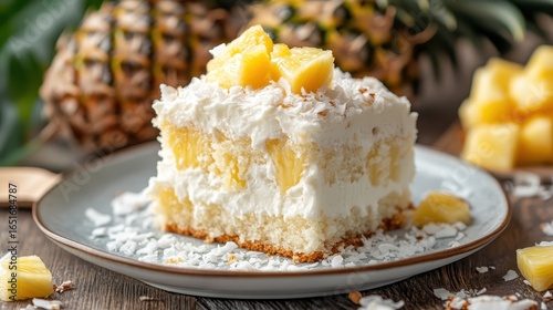Delicious Pineapple Coconut Dessert Slice on Wooden Table Surface