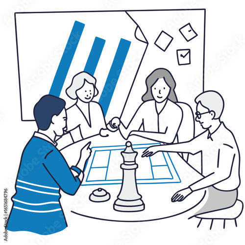 Group of four people strategizing over a chessboard while analyzing charts and notes in a meeting