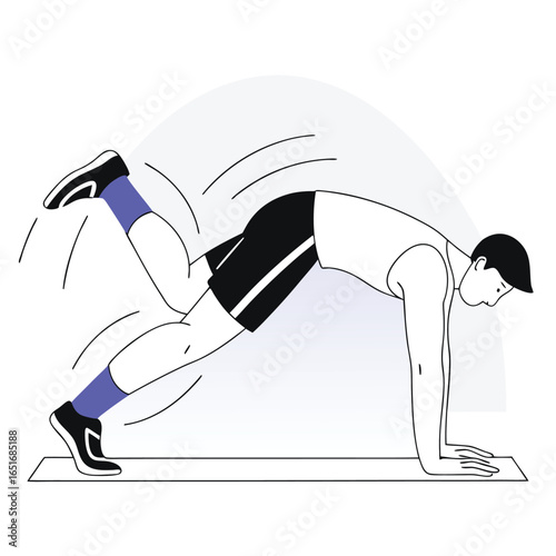 A man performing a mountain climber exercise on a mat, showcasing fitness and agility in a minimalist setting