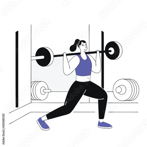Woman performing a barbell lunge exercise in a gym, surrounded by weights and fitness equipment