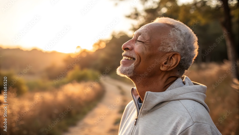 Obraz premium Senior inhaling deeply after stretching, golden-hour light Portrait of a post-exercise senior mid-breath, eyes closed in contentment, lit by warm golden-hour radiance.