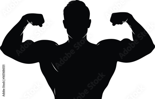 Silhouette of a muscular man flexing his biceps, showcasing strength and fitness