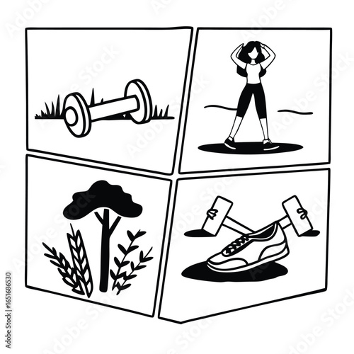 Fitness and exercise illustration featuring weights, a person stretching outdoors, and nature elements