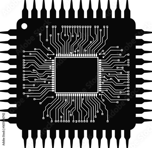 Black and vector illustration of a microchip, depicting modern technology and electronic components for computer hardware