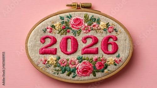 Embroidered 2026 design with floral accents on a pink background.