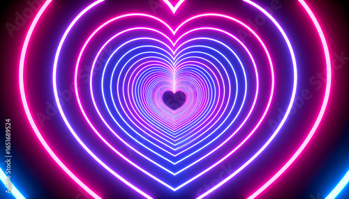 Abstract Neon Heart Tunnel with Glowing Pink and Blue Lights Creating an Illusion of Depth and Romantic Concept