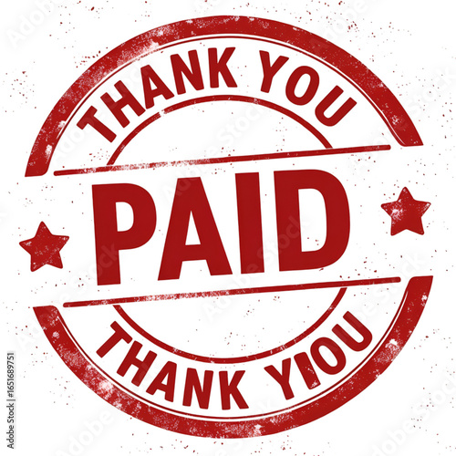 A red paid stamp with thank you text and star icons