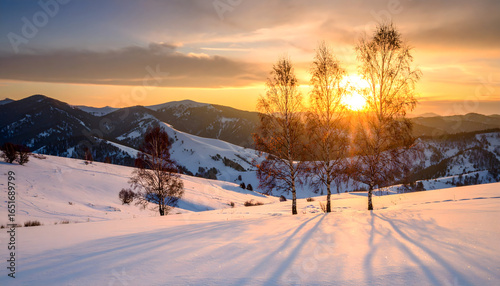 Snow Covered Mountainous Landscape Under Golden Sunset Skies with Tree Silhouettes and Long Shadows