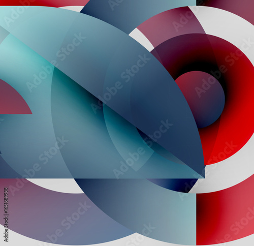 Abstract composition. Overlapping circles, gradients create depth. Cool blues contrast with vibrant reds, white accents. Modern design.