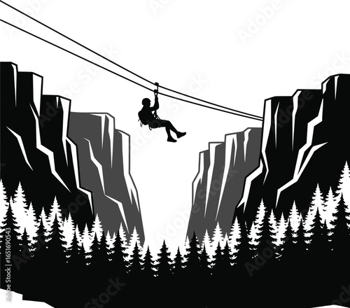 Silhouette illustration of a person ziplining through a canyon, capturing thrill and adventure of extreme sports in nature