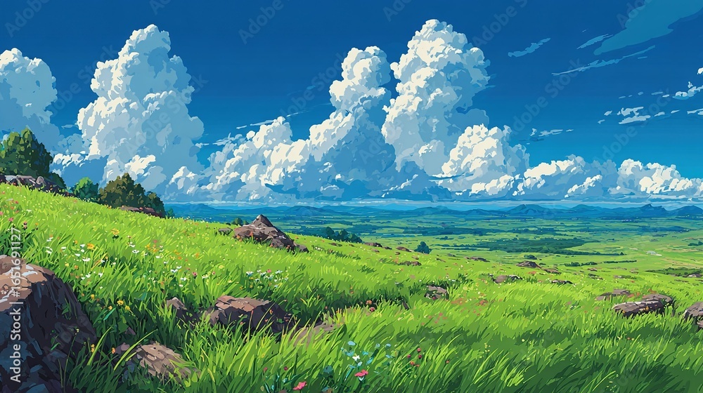Naklejka premium Anime-inspired natural scene with green grass, wildflowers, blue sky and white clouds, serene landscape background for wallpaper, games or digital art
