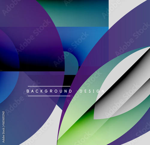 Abstract geometric composition. Overlapping shapes create dynamic visual effect. Gradient colors blend smoothly, modern aesthetic.