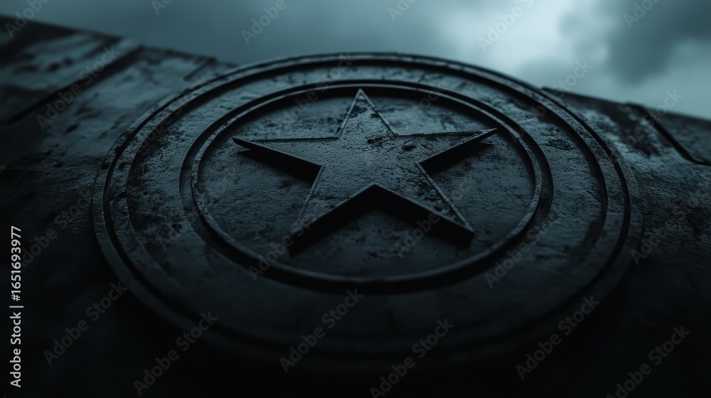 Fototapeta premium Dark Metal Star Emblem with Textured Surface Against Stormy Sky
