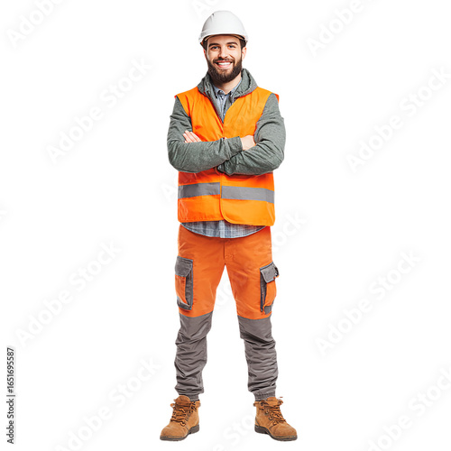Smiling Worker stands wearing orange vest and hard hat.