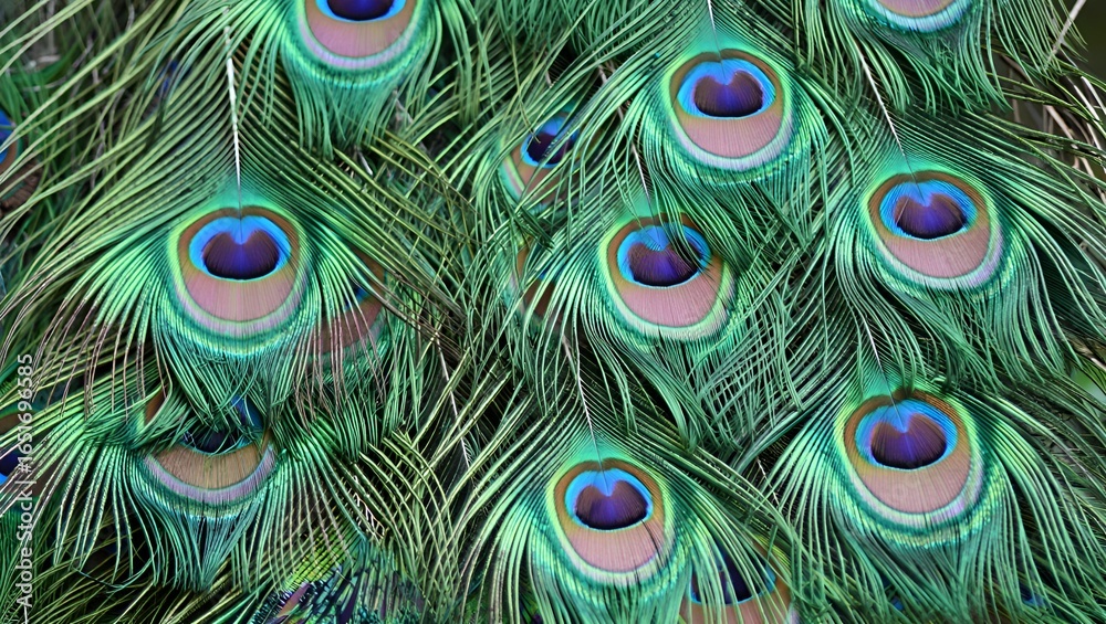 Fototapeta premium An elaborate arrangement of iridescent peacock feathers displays vibrant hues and intricate designs.