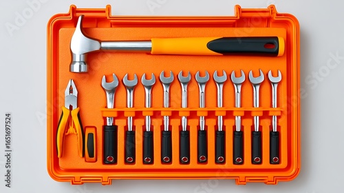 Orange Toolkit with Hammer with Wrenches  Pliers DIY, Construction, Home Improvement, and Top View.