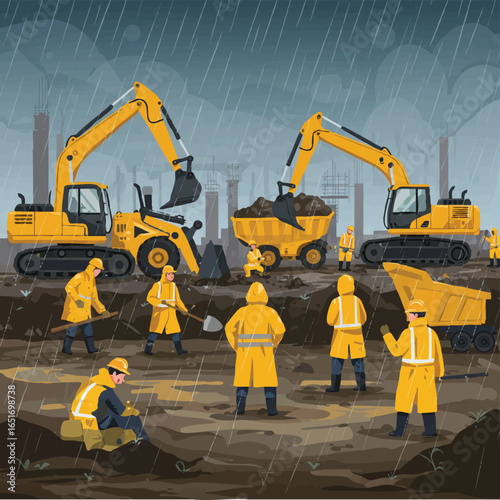 Construction workers in yellow rain gear operate heavy machinery on a muddy site during a downpour, showcasing resilience in challenging weather conditions.