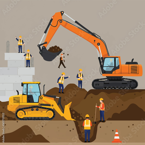 Construction workers operate heavy machinery like excavators and bulldozers at a building site, excavating earth and building structures.