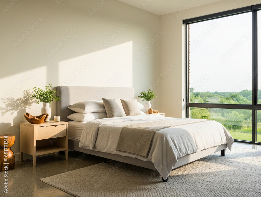 Fototapeta premium Cozy and Bright Modern Minimalist Bedroom Inspiration - AI Generated 
