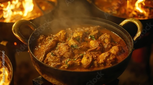 Delicious Spicy Chicken Curry Cooking in Traditional Metal Pot