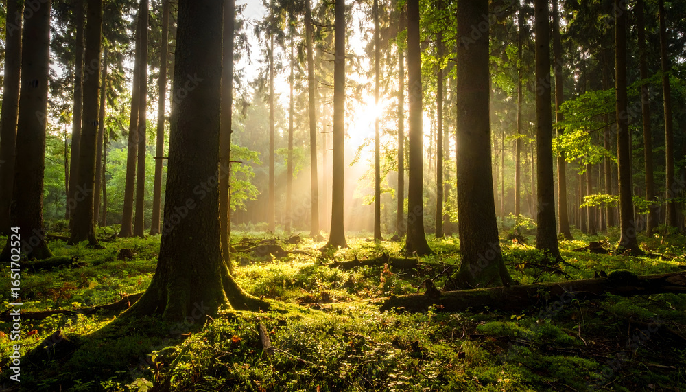 Fototapeta premium Sunlit Forest Interior with Tall Trees and Golden Sunlight Filtering through the Canopy Creating Atmospheric Shadows