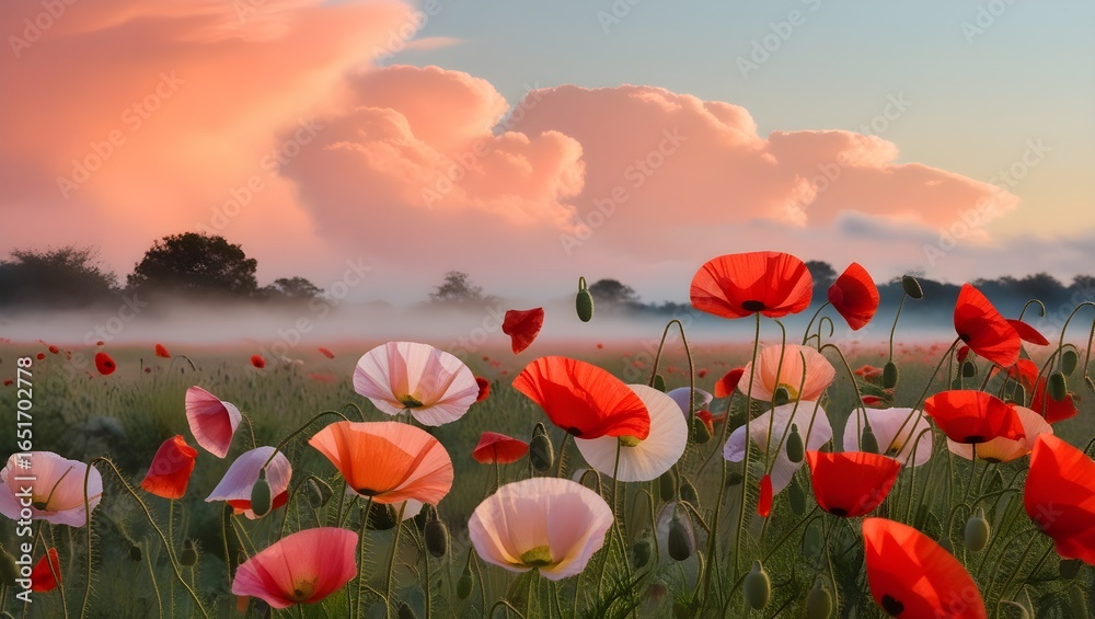 Obraz premium A beautiful field of vibrant red poppy flowers sways gently under a cloudy sky. Perfect for nature lovers and floral enthusiasts,