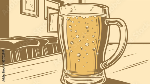 Illustration of a beer mug with frothy beer in a pub setting, perfect for bar and restaurant menus